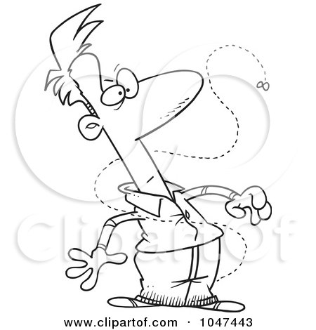 Royalty-Free (RF) Clip Art Illustration of a Cartoon Black And White Outline Design Of A Pesky Fly Bugging A Man by toonaday