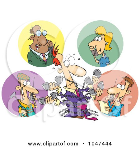 Royalty-Free (RF) Clip Art Illustration of a Cartoon Tangled Man Holding Multiple Phone Conversations by toonaday