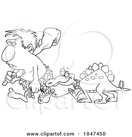 Royalty-Free (RF) Clip Art Illustration of a Cartoon Black And White Outline Design Of A Caveman Walking His Dinosaur by toonaday