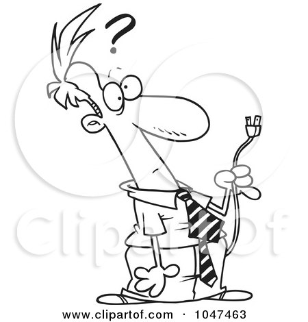 Royalty-Free (RF) Clip Art Illustration of a Cartoon Black And White Outline Design Of A Confused Businessman Holding A Plug by toonaday