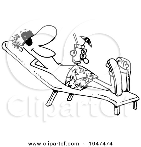Royalty-Free (RF) Clip Art Illustration of a Cartoon Black And White Outline Design Of A Man Lounging Poolside by toonaday