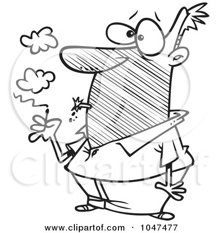 Royalty-Free (RF) Clip Art Illustration of a Cartoon Black And White Outline Design Of A Man Lighting An Exploding Cigarette by toonaday