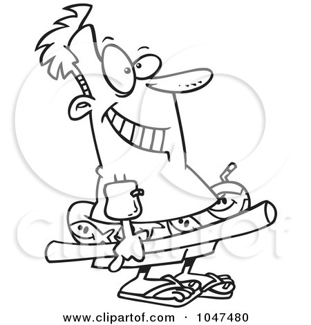 Royalty-Free (RF) Clip Art Illustration of a Cartoon Black And White Outline Design Of A Man Ready To Swim by toonaday