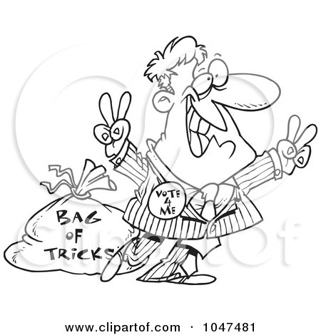 Royalty-Free (RF) Clip Art Illustration of a Cartoon Black And White Outline Design Of A Politician With A Bag Of Tricks by toonaday