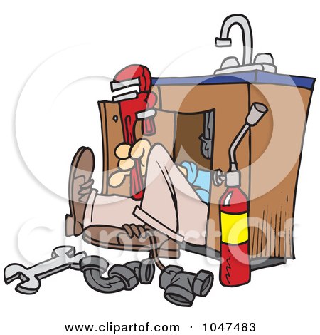 Royalty-Free (RF) Clip Art Illustration of a Cartoon Plumber Under A Sink by toonaday