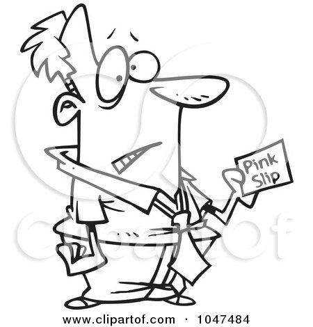 Royalty-Free (RF) Clip Art Illustration of a Cartoon Black And White Outline Design Of A Nervous Businessman Holding A Pink Slip by toonaday