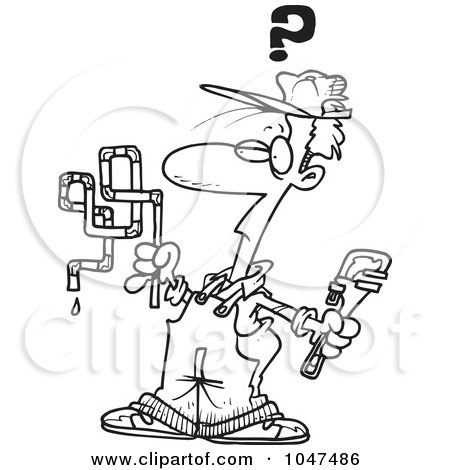 Royalty-Free (RF) Clip Art Illustration of a Cartoon Black And White Outline Design Of A Confused Plumber by toonaday