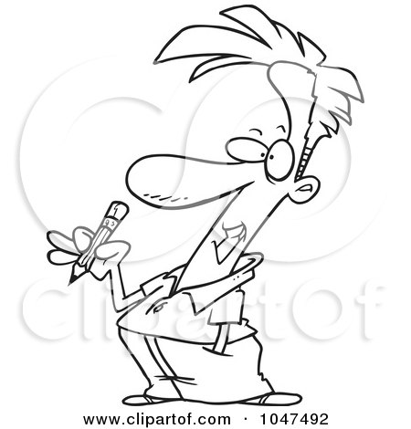 Royalty-Free (RF) Clip Art Illustration of a Cartoon Black And White Outline Design Of A Guy Holding A Pencil by toonaday