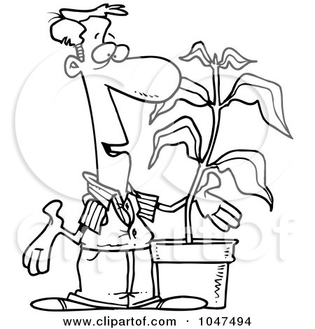 Royalty-Free (RF) Clip Art Illustration of a Cartoon Black And White Outline Design Of A Guy With A Potted Plant by toonaday