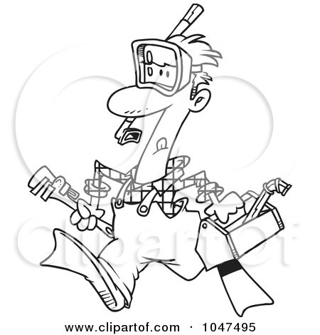 Royalty-Free (RF) Clip Art Illustration of a Cartoon Black And White Outline Design Of A Plumber Wearing Goggles And Fins by toonaday