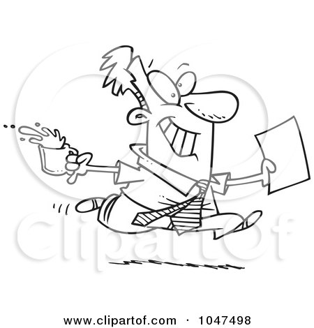 Royalty-Free (RF) Clip Art Illustration of a Cartoon Black And White Outline Design Of A Businessman Fetching Coffee And Paperwork by toonaday