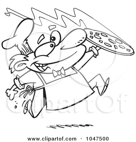 Royalty-Free (RF) Clip Art Illustration of a Cartoon Black And White Outline Design Of A Happy Pizza Maker by toonaday