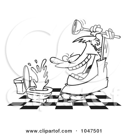 Royalty-Free (RF) Clip Art Illustration of a Cartoon Black And White Outline Design Of A Man Attacking A Toilet With A Plunger by toonaday