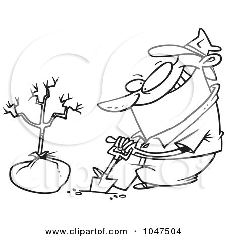 Royalty-Free (RF) Clip Art Illustration of a Cartoon Black And White Outline Design Of A Guy Planting A Tree by toonaday