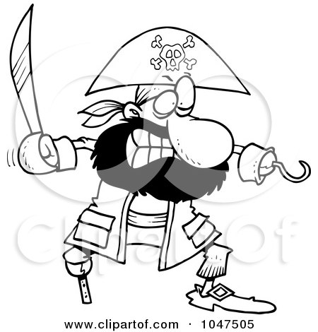 Royalty-Free (RF) Clip Art Illustration of a Cartoon Black And White Outline Design Of A Tough Pirate With A Sword by toonaday