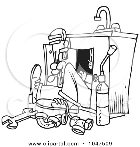 Royalty-Free (RF) Clip Art Illustration of a Cartoon Black And White Outline Design Of A Plumber Under A Sink by toonaday