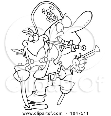 Royalty-Free (RF) Clip Art Illustration of a Cartoon Black And White Outline Design Of An Armed Pirate by toonaday