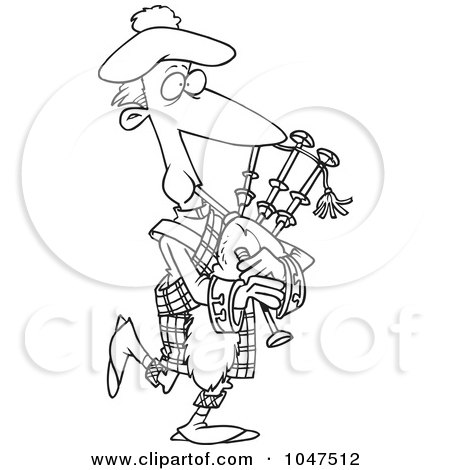Royalty-Free (RF) Clip Art Illustration of a Cartoon Black And White Outline Design Of A Man Playing Bag Pipes by toonaday
