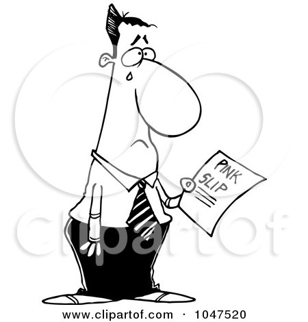 Royalty-Free (RF) Clip Art Illustration of a Cartoon Black And White Outline Design Of A Crying Businessman Holding A Pink Slip by toonaday