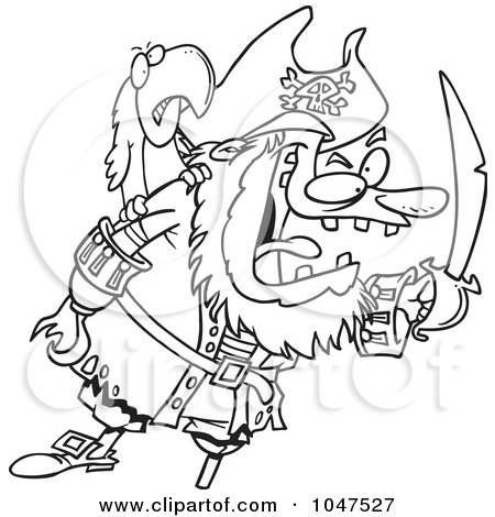 Royalty-Free (RF) Clip Art Illustration of a Cartoon Black And White Outline Design Of A Tough Pirate And Bird by toonaday
