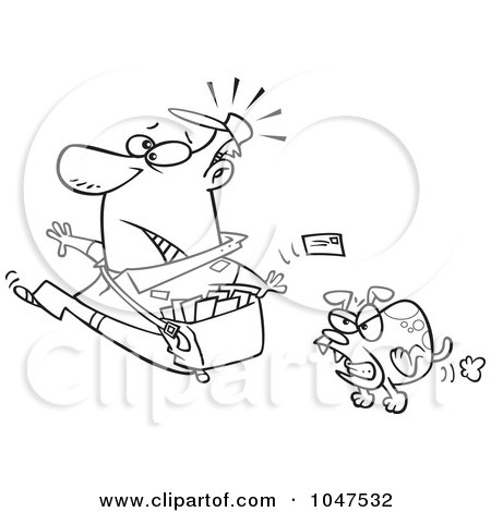 Royalty-Free (RF) Clip Art Illustration of a Cartoon Black And White Outline Design Of A Mail Man Running From A Dog by toonaday