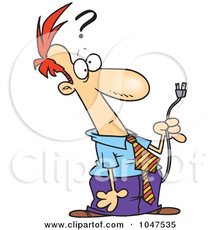 Royalty-Free (RF) Clip Art Illustration of a Cartoon Confused Businessman Holding A Plug by toonaday