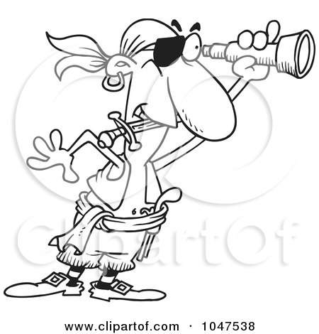 Royalty-Free (RF) Clip Art Illustration of a Cartoon Black And White Outline Design Of A Pirate Using A Spyglass by toonaday