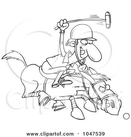 Royalty-Free (RF) Clip Art Illustration of a Cartoon Black And White Outline Design Of A Polo Player by toonaday