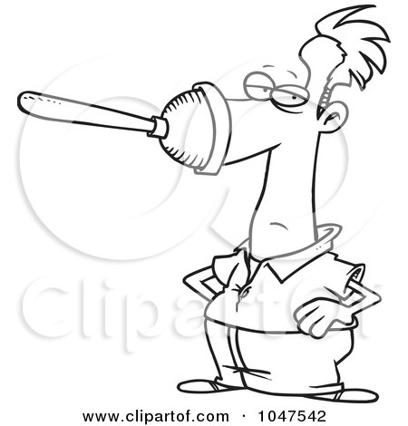 Royalty-Free (RF) Clip Art Illustration of a Cartoon Black And White Outline Design Of A Plunger On A Man's Nose by toonaday