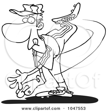 Royalty-Free (RF) Clip Art Illustration of a Cartoon Black And White Outline Design Of A Pitcher Throwing by toonaday