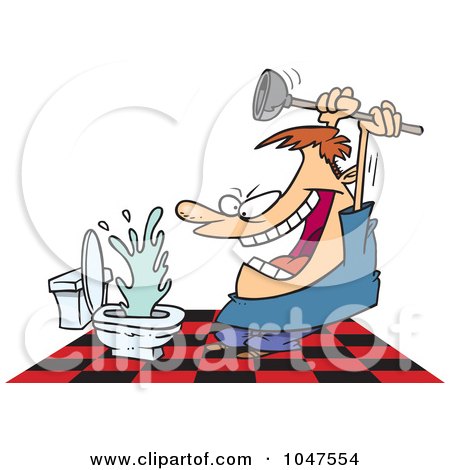 Royalty-Free (RF) Clip Art Illustration of a Cartoon Man Attacking A Toilet With A Plunger by toonaday