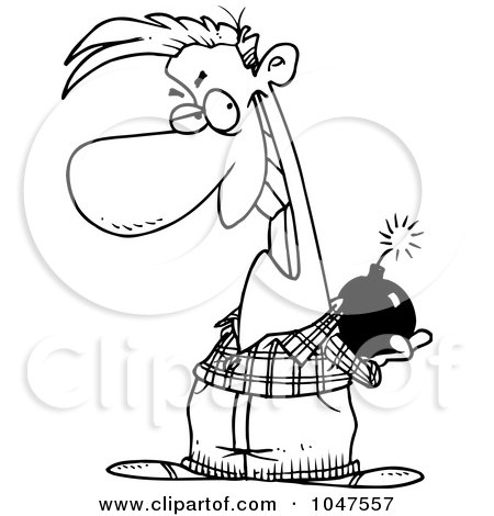 Royalty-Free (RF) Clip Art Illustration of a Cartoon Black And White Outline Design Of A Prankster Holding A Bomb by toonaday