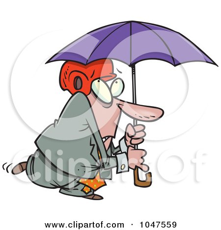 Royalty-Free (RF) Clip Art Illustration of a Cartoon Paranoid Businessman Wearing A Helmet Under An Umbrella by toonaday