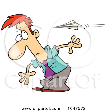 Royalty-Free (RF) Clip Art Illustration of a Cartoon Man Moving To Avoid A Paper Plane by toonaday