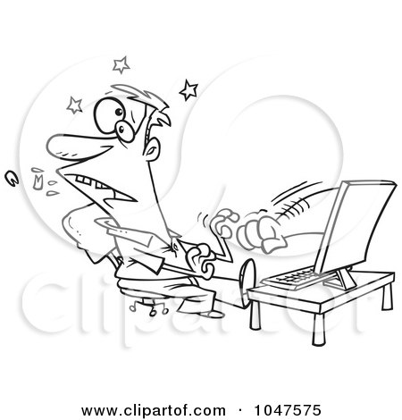 Royalty-Free (RF) Clip Art Illustration of a Cartoon Black And White Outline Design Of A Computer Punching A Man by toonaday