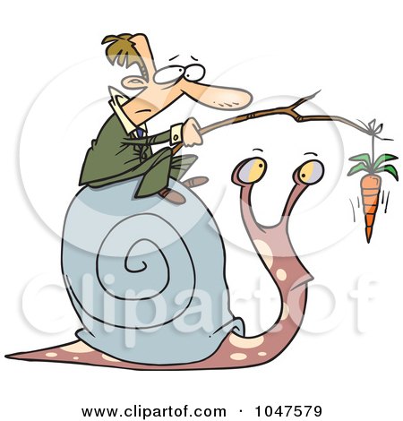 Royalty-Free (RF) Clip Art Illustration of a Cartoon Businessman Progressing A Snail With A Carrot by toonaday