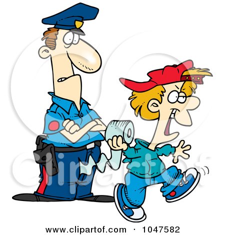 Royalty-Free (RF) Clip Art Illustration of a Cartoon Cop Watching A Boy Throw Toilet Paper by toonaday