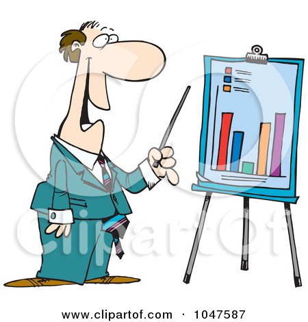Royalty-Free (RF) Clip Art Illustration of a Cartoon Businessman Discussing A Bar Graph by toonaday