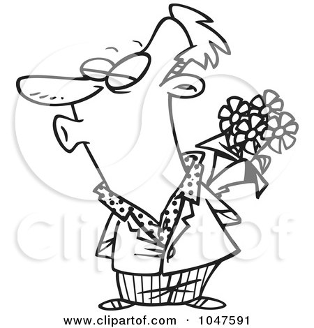 Royalty-Free (RF) Clip Art Illustration of a Cartoon Black And White Outline Design Of A Puckering Man Holding Flowers by toonaday