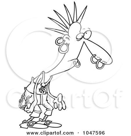 Royalty-Free (RF) Clip Art Illustration of a Cartoon Black And White Outline Design Of A Punk Guy With Piercings by toonaday