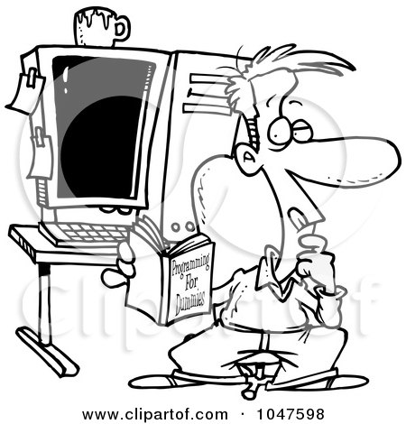 Royalty-Free (RF) Clip Art Illustration of a Cartoon Black And White Outline Design Of A Computer Programmer In His Office by toonaday