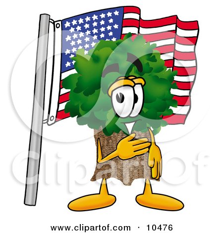 Clipart Picture of a Tree Mascot Cartoon Character Pledging Allegiance to an American Flag by Mascot Junction