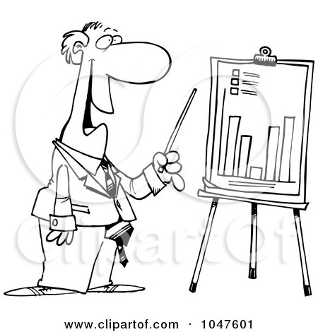 Royalty-Free (RF) Clip Art Illustration of a Cartoon Black And White Outline Design Of A Businessman Discussing A Bar Graph by toonaday