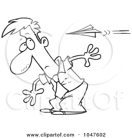 Royalty-Free (RF) Clip Art Illustration of a Cartoon Black And White Outline Design Of A Man Moving To Avoid A Paper Plane by toonaday