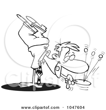 Royalty-Free (RF) Clip Art Illustration of a Cartoon Black And White Outline Design Of A Businessman Doing A Handstand And Playing Paddle Ball by toonaday