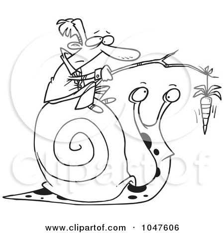 Royalty-Free (RF) Clip Art Illustration of a Cartoon Black And White Outline Design Of A Businessman Progressing A Snail With A Carrot by toonaday