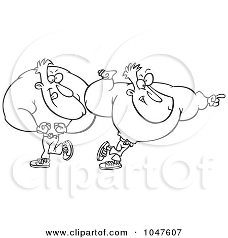 Royalty-Free (RF) Clip Art Illustration of a Cartoon Black And White Outline Design Of Pumped Bodybuilders by toonaday