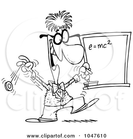 Royalty-Free (RF) Clip Art Illustration of a Cartoon Black And White Outline Design Of A Professor By A Chalkboard by toonaday