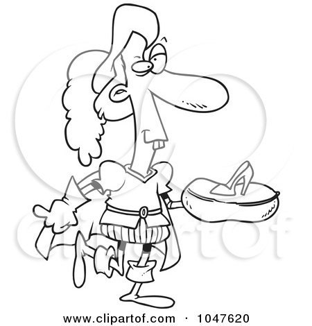 Royalty-Free (RF) Clip Art Illustration of a Cartoon Black And White Outline Design Of A Prince Carrying A Glass Slipper by toonaday