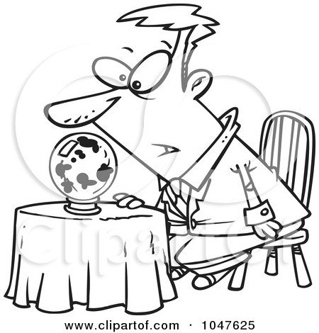 Royalty-Free (RF) Clip Art Illustration of a Cartoon Black And White Outline Design Of A Businessman Gazing Into A Dark Crystal Ball by toonaday